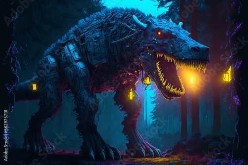 Cybernetically enhanced hyena head and wolf body giant biopunk mutant with orange lights in a forest at night © Csaba