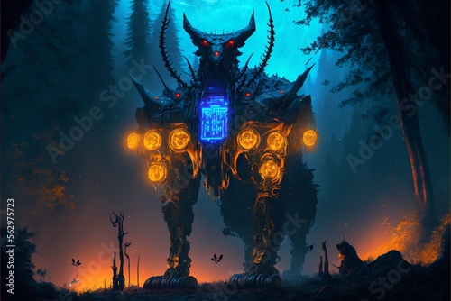 Cybernetically enhanced jackal head and gorilla body giant biopunk mutant with orange and blue lights and red visor in a forest at night