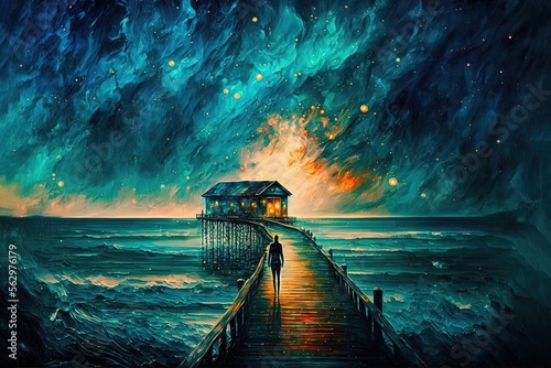 oil painting illustration of a beautiful seascape and galaxy sky with pavilion on the end wooden way path to the horizon  Generative Ai	