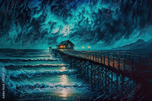 illustration beautiful seascape with glitter glow starry sky in night time, idea for background wallpaper Generative Ai 