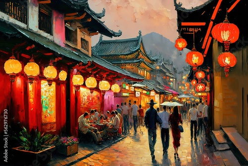 illustration of ancient Chinese village with crowd of people walking on market street Generative Ai  © QuietWord