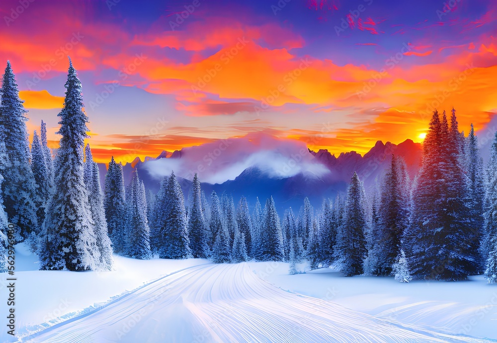Generative AI,scenic view of snow covered landscape against sky during sunset