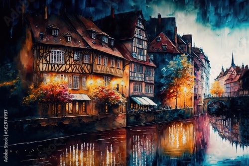 oil painting style illustration of cityscape inspired from Colmar, France Generative Ai 