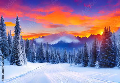Generative AI,scenic view of snow covered landscape against sky during sunset