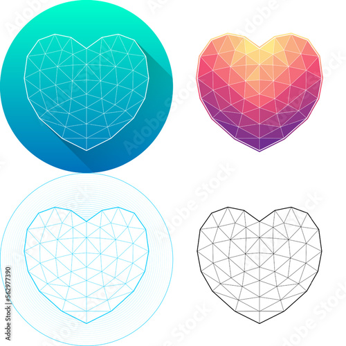 Set of Human Heart Shape Blood Circulatory System Medical Human Organ Logo Icon Minimalistic Triangulated Polygonal Low Poly, Line Art Isolated on White Background