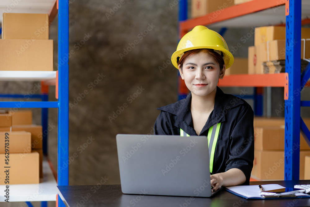Customs warehouse worker with laptop phone Inspection of the goods of the Customs Department Young woman in yellow vest and hat checking boxes on blurred storage shelf Customs warehouse worker with laptop phone Inspection of the goods of the Customs Department Young woman in yellow vest and hat checking boxes on blurred storage shelf