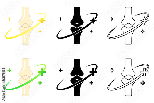 Healthy Remedy Recovery Cure Human Bone and Joint Articular Skeletal System Medical Logo, Set of Flat Icon Pictogram, Black-White Silhouette, Line Art Isolated on White Background Vector Illustration