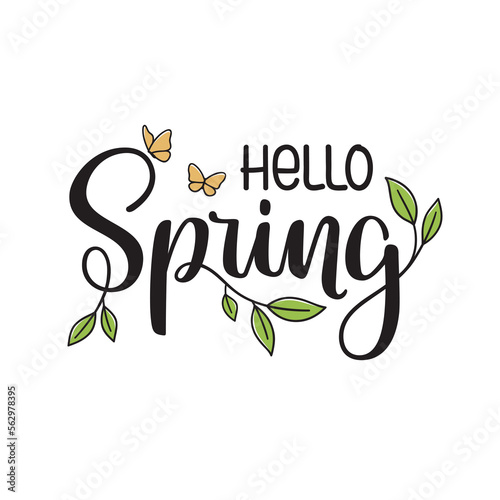Hello Spring hand lettering composition with new leaves and butterflies