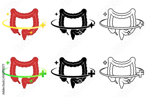 Healthy Remedy Recovery Cure Human Large Intestine Gastrointestinal System Medical Logo, Set of Flat Icon Pictogram, Black-White Silhouette, Line Art Isolated on White Background Vector Illustration