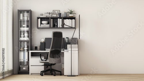 Modern workplace with comfortable modern working table and computer with working chair and large window. on wall white and wooden floor. 3D rendering © Jokiewalker