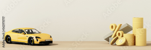 Concept car with coins and cash, auto tax and financing, car insurance and car loans, concepts save money on car purchases. on wooden table background. 3d rendering