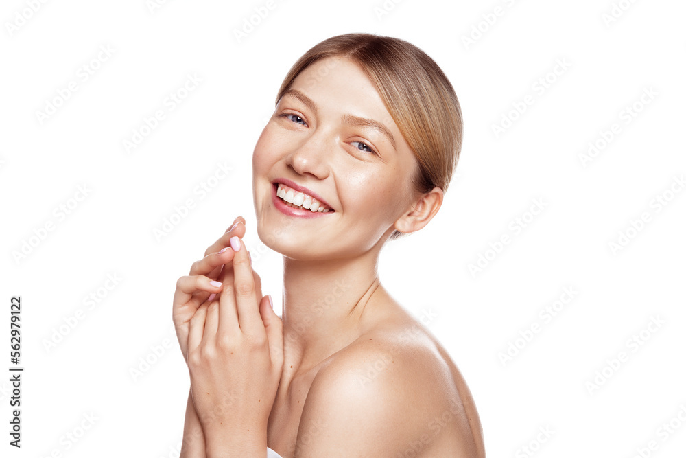 Beauty skin care portrait. Portrait of beautiful female model with healthy skin and natural blonde hair against white background. Beauty skin care portrait. Portrait of beautiful female model with healthy skin and natural blonde hair against white background.