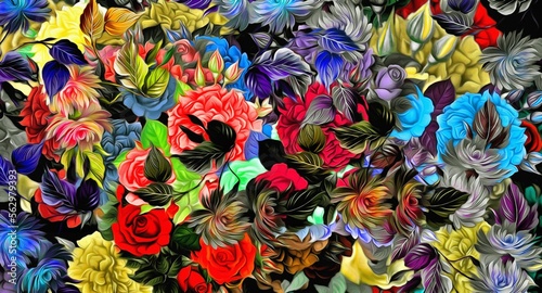 Computer graphics of abstract floral psychedelic background stylization of colored chaotic stickers in the form of leaves