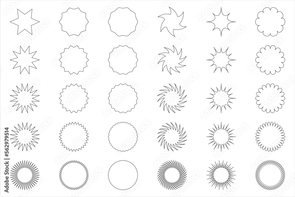 Set of Outline star or sun shaped sale stickers. Promotional sticky notes and labels.
