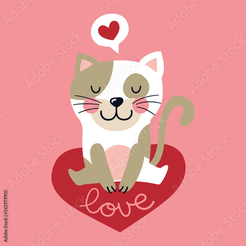 Illustration of a cat in love sitting on a big heart, Valentine's Day illustration