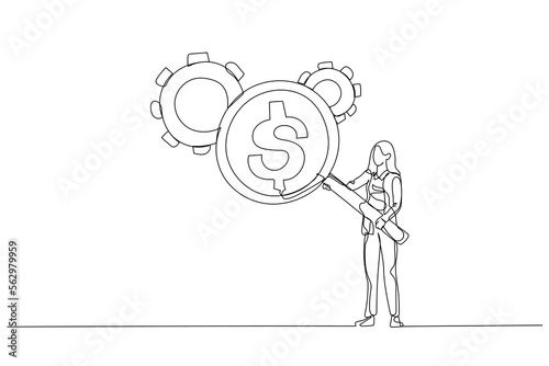 Drawing of businesswoman with magnifier showing dollar money reflection looking at gear cogwheel concept of cost efficient. One continuous line art style