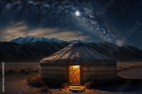 Yurts on the Mongolian grasslands at night with the Milky Way © Moon