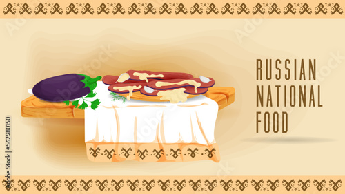 Baked eggplant with garlic sauce on a wooden platter on a towel with an ornament flat illustration of traditional food