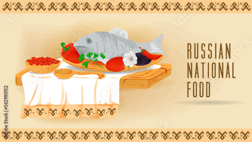 baked fish with vegetables on a wooden platter on a towel with an ornament flat illustration of traditional food