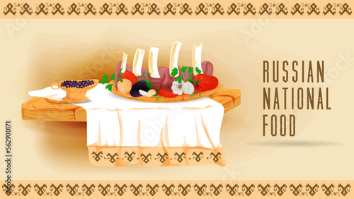 Baked ribs with vegetables and spices on a wooden platter on a towel with an ornament flat illustration of traditional food