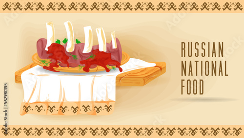 fried ribs in red sauce on a wooden platter on a towel with an ornament flat illustration of traditional food