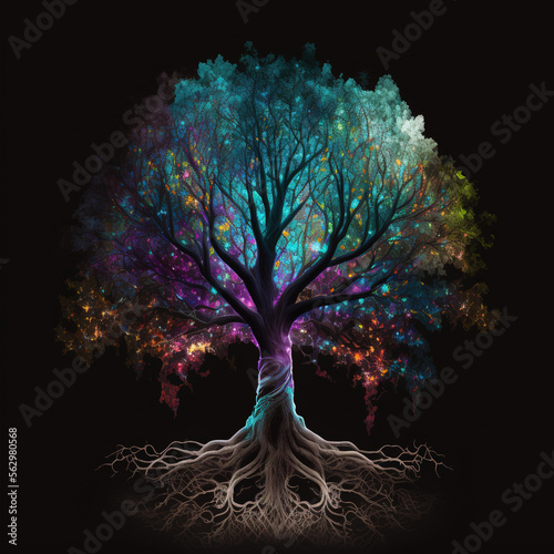 Bioluminescent tree of life with dark background - generated by Generative AI