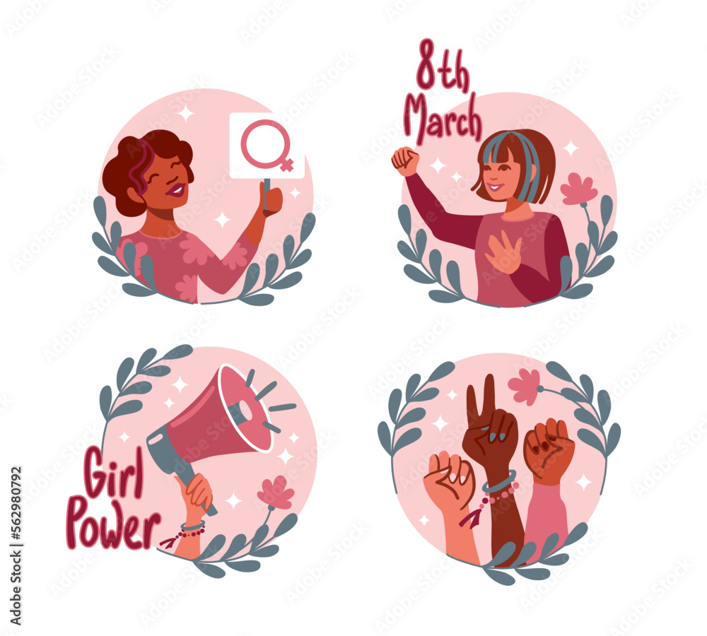 March 8, international women's day. A set of illustrations of a woman defending her rights. Vector.