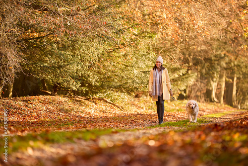Woman Wearing Hat And Scarf With Pet Golden Retriever Dog On Walk Along Track In Autumn Countryside
