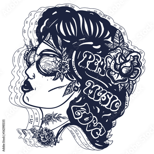 Retro funk and hippie music girl. African American cool woman. Old school tattoo vector art. Hand drawn graphic. Isolated on white. Traditional flash tattooing