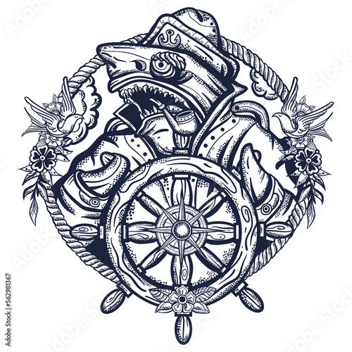 Sharks. Sea wolf, captain in the sea, sailor at helm. Old school tattoo vector art. Hand drawn graphic. Isolated on white. Traditional flash tattooing