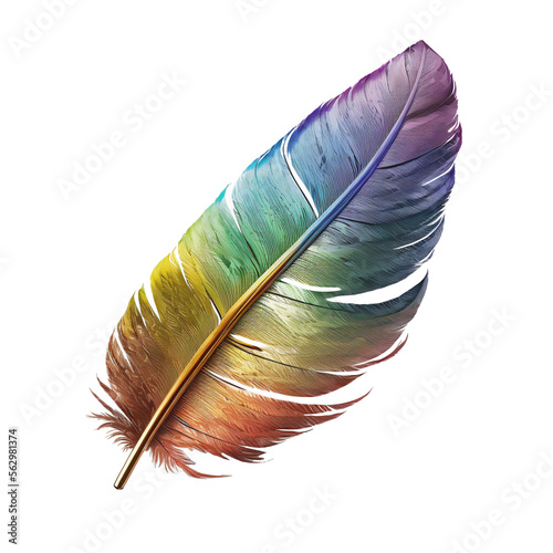 Plume d'oiseau métallique arc-en-ciel sur fond transparent photo