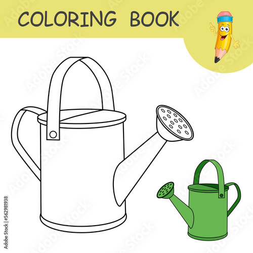 Coloring page with cartoon watering can. Template of colorless and color samples gardening tool to water the plants and flowers on coloring page. Practice worksheet with plastic or metallic garden can