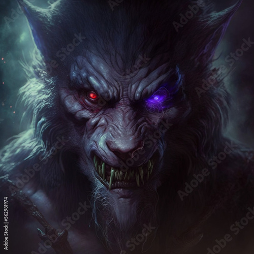 Closeup potrait of a werewolf - Illustration of a fierce werewolf with glowing purple eyes