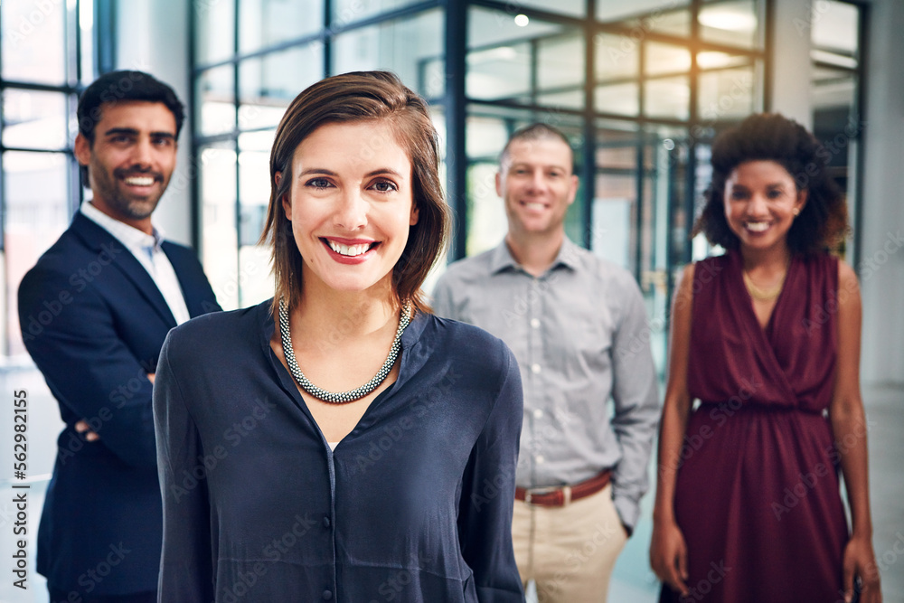 Business woman, team leader and management portrait in office with motivation for growth. Face of corporate men and women together for diversity, vision and support for leadership in happy workplace Business woman, team leader and management portrait in office with motivation for growth. Face of corporate men and women together for diversity, vision and support for leadership in happy workplace