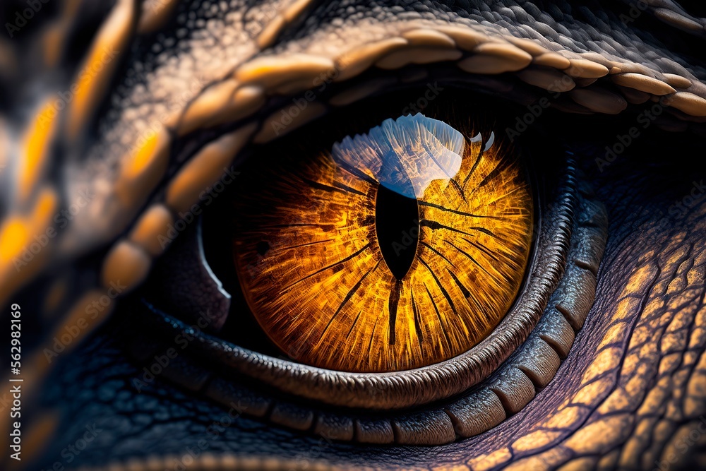 Dinosaur eye, Closeup yellow eye of the dinosaurs with terrifying. Dinosaur hunters are staring