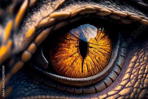 Fototapeta Naklejka Na Ścianę i Meble -  Dinosaur eye, Closeup yellow eye of the dinosaurs with terrifying. Dinosaur hunters are staring with horrible yellow eye