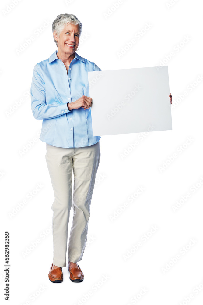 Poster mockup, portrait and happy senior woman with marketing placard, advertising banner or product placement. Studio mock up, billboard promotion sign and sales model isolated on white background Poster mockup, portrait and happy senior woman with marketing placard, advertising banner or product placement. Studio mock up, billboard promotion sign and sales model isolated on white background