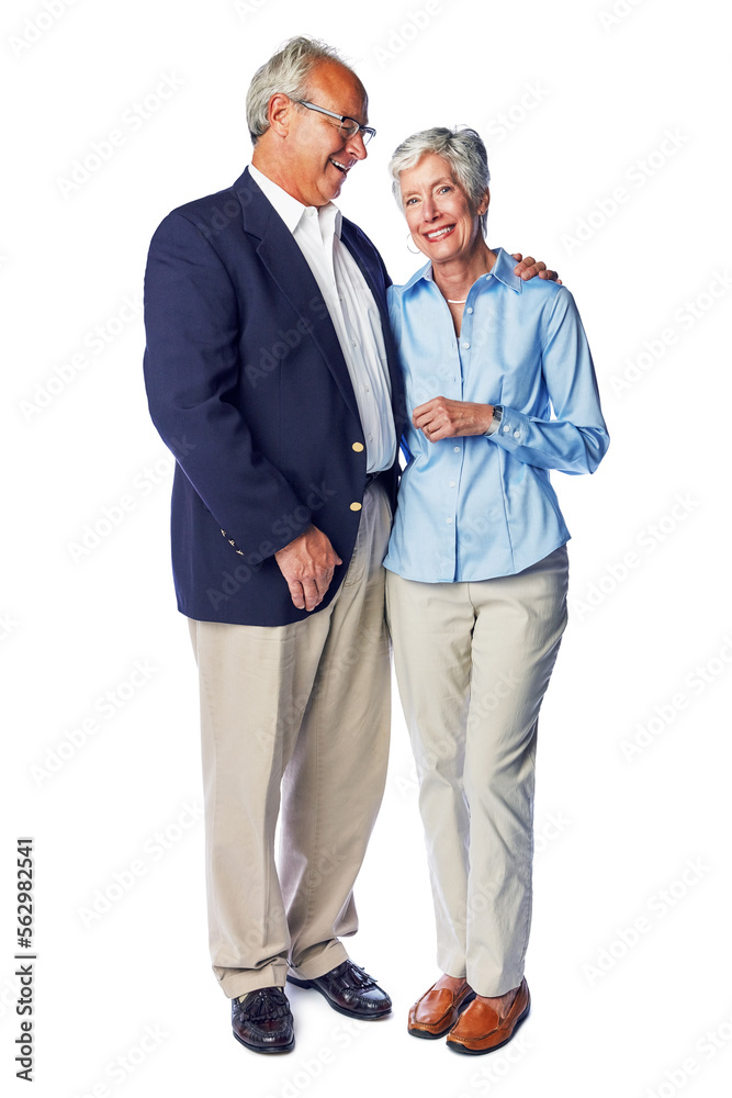 Senior, couple and love by man and woman happy and hugging isolated against a studio white background. Old people or elderly people feeling happiness and affection together enjoying retirement