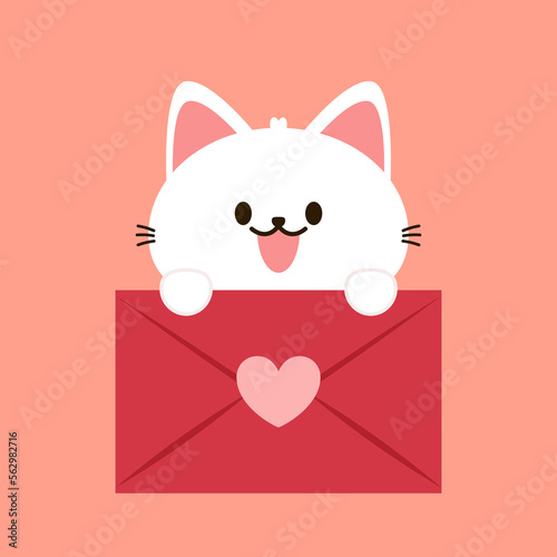 Cartoon cat biting a huge heart. Valentine's Day greeting card.