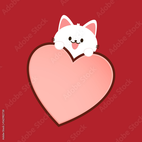 Cartoon cat biting a huge heart. Valentine's Day greeting card.