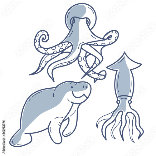 Set of vector isolated blue line illustrations of sea creatures with part fill.