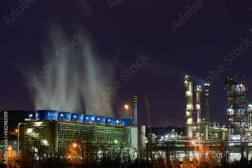 Cooling towers and chimneys of the refinery in the municipality Bizkaino of Muskiz Petronor  near beach of the Arena  photographed at night
