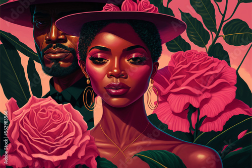 Pessoa fictícia, mulher negra e homem comemorando o dia dos namorados em um jardim de rosas apaixonado photo