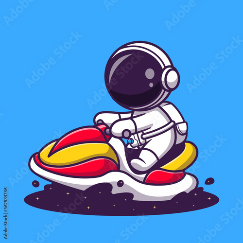Cute Astronaut Riding Water Bike Jet Ski In Space Cartoon Vector Icon Illustration. Science Transportation Icon Concept Isolated Premium Vector. Flat Cartoon Style
