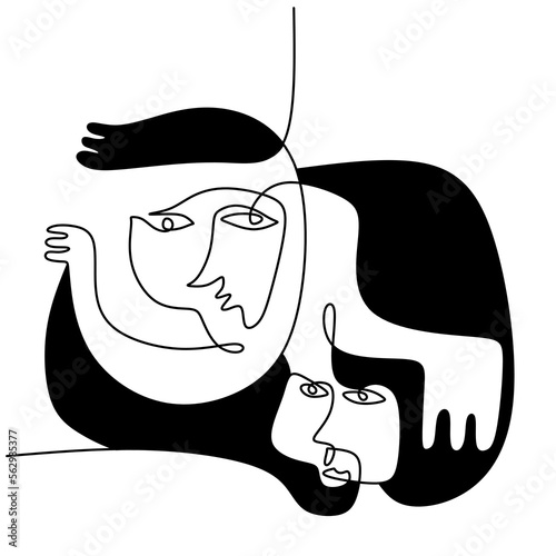 Hand drawing one line surreal primordial face isolated on white background.