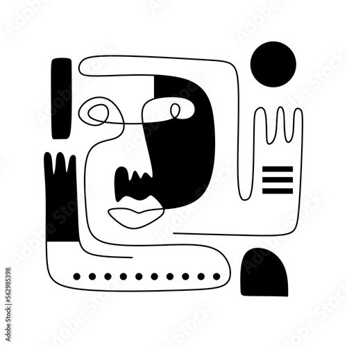 Hand drawing one line surreal primordial face isolated on white background.