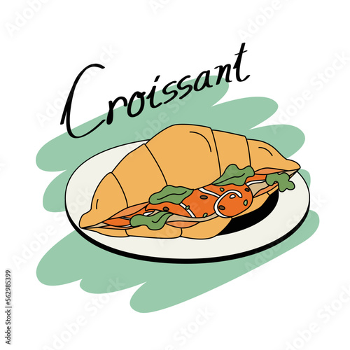 Brunch menu in doodle styles. Croissant sandwich with salmon and vegetables inside. 