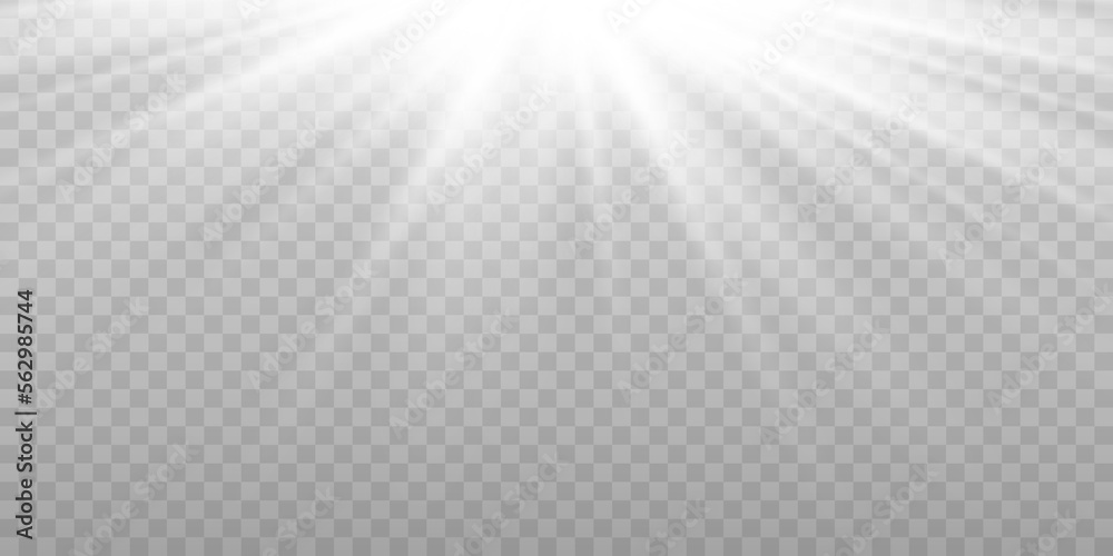 Vector white sun light effect. Glowing sunrays on transparent background. Stock royalty free vector