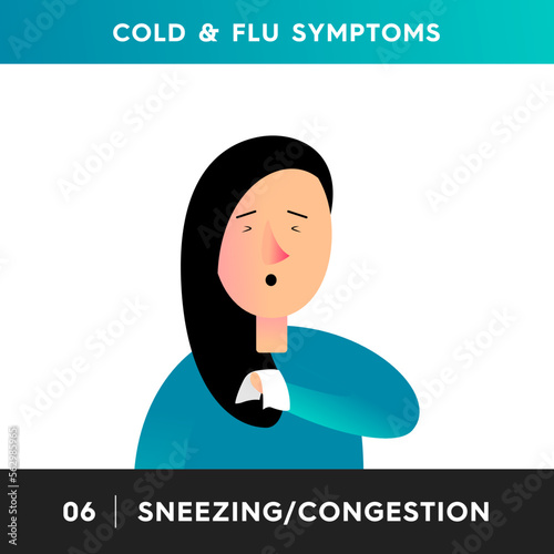Vector illustration of a person with flu or cold symptoms. The girl sneezes and holds a handkerchief in her hand.