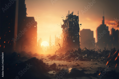Krieg - zerstörte Stadt in Ruinen und Trümmer, apokalyptische Szene - Konzept Atomkrieg